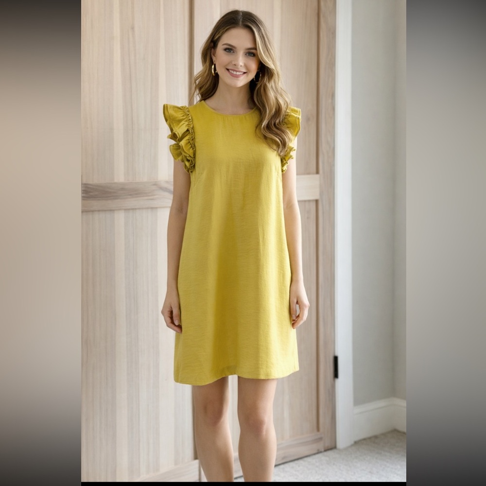 CeCe Flutter Sleeve Viscose Shift Dress. Golden Mustard Yellow | Women’s Sz-6